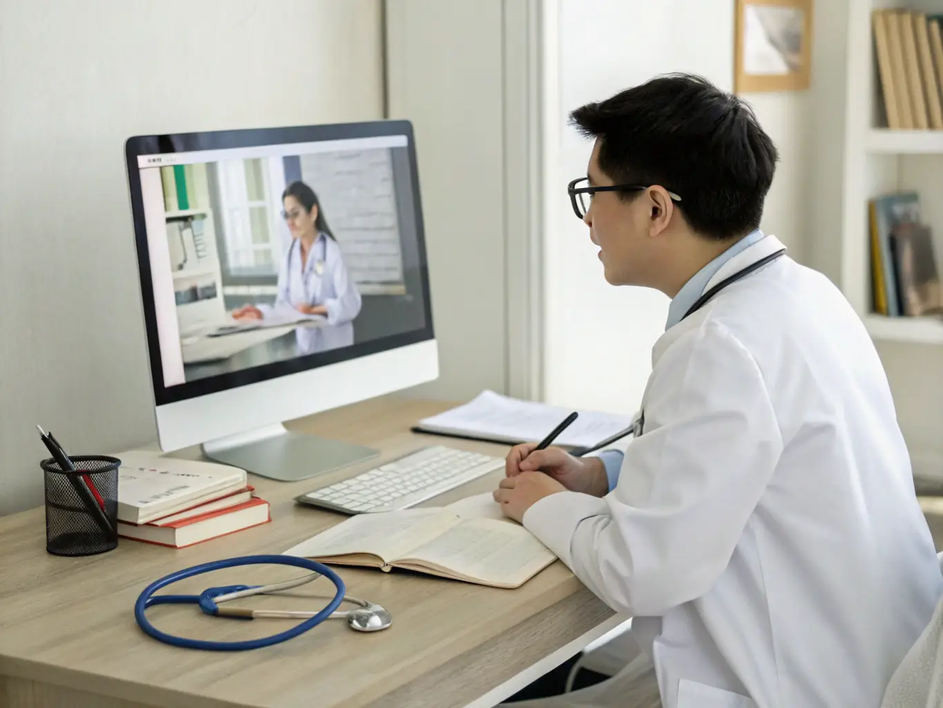 A healthcare professional participating in a virtual infection control training session via computer screen, interacting with the instructor.