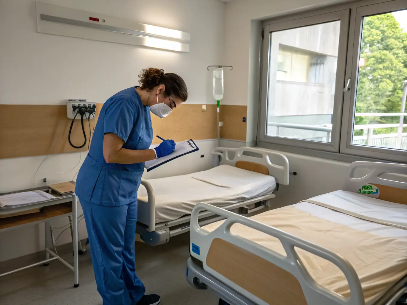 A healthcare professional conducting an on-site infection control audit in a hospital room, examining surfaces for potential contamination.