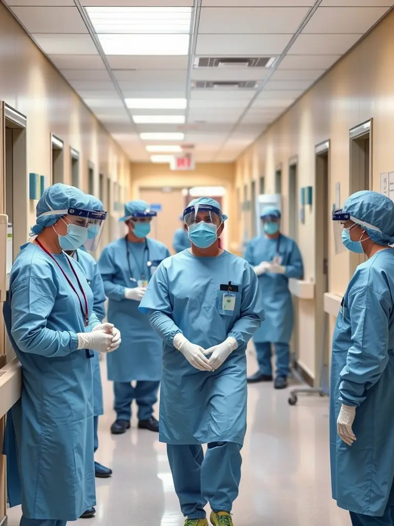 Healthcare professionals in protective gear responding to an outbreak scenario, highlighting rapid response and containment strategies.