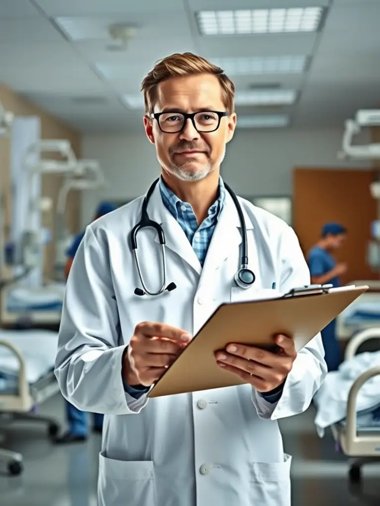 A healthcare consultant reviewing infection control protocols in a hospital setting, emphasizing on-site support and direct interaction with staff.