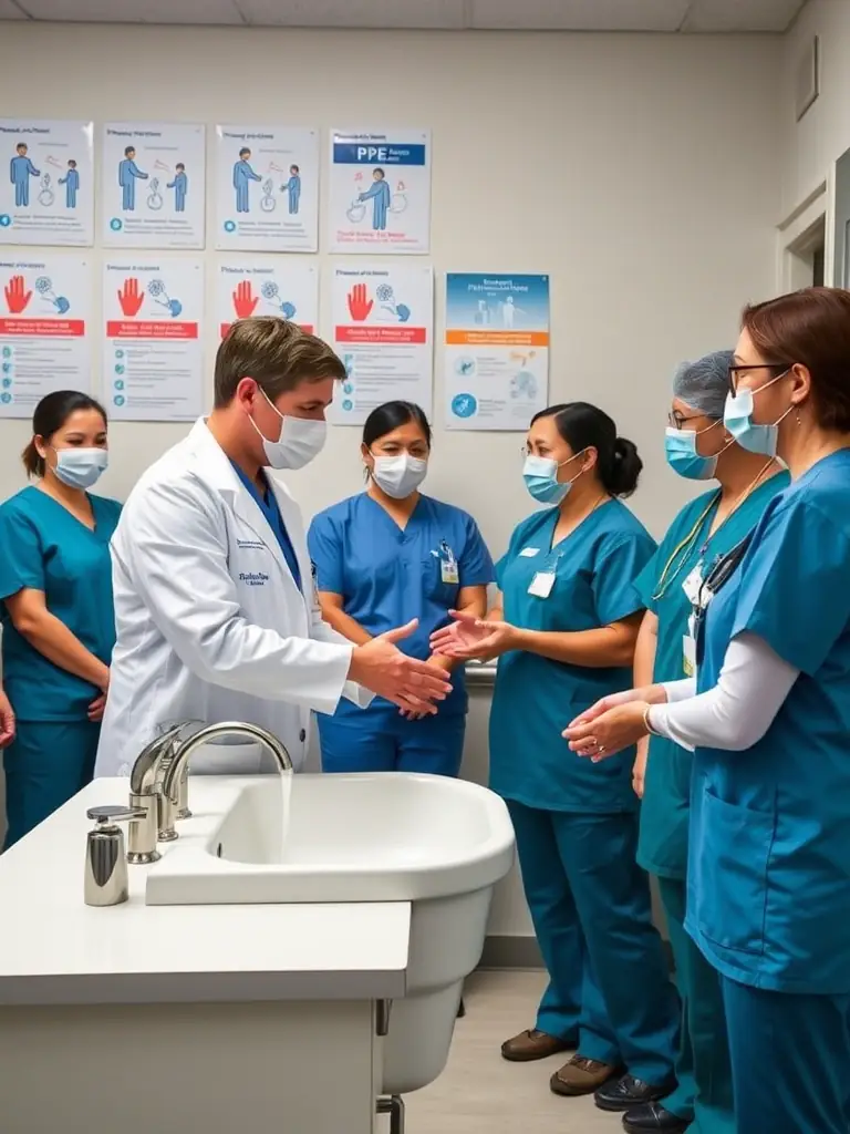 A healthcare trainer leading a session on proper hand hygiene and PPE use, emphasizing staff education and training programs.