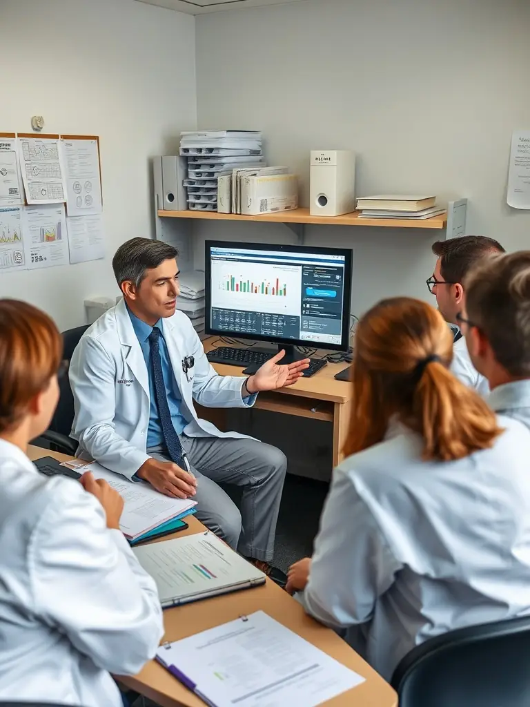 A virtual audit being conducted remotely, showing a consultant reviewing data on a computer screen with a hospital background.
